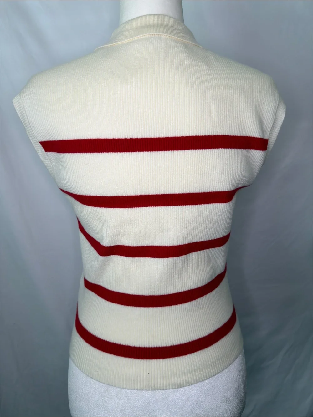 Double Zero Cream V-Neck Sweater Vest with Red Stripes